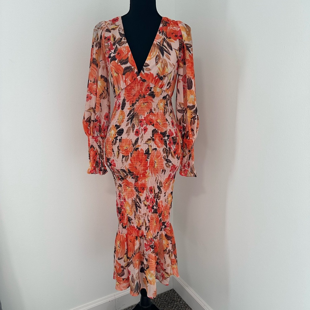 Hello Molly Orange Floral Print Midi Dress